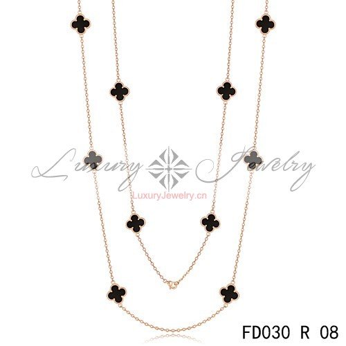 Fake Van Cleef & Arpels Vintage Alhambra 10 Motifs Black Onyx Long Necklace
